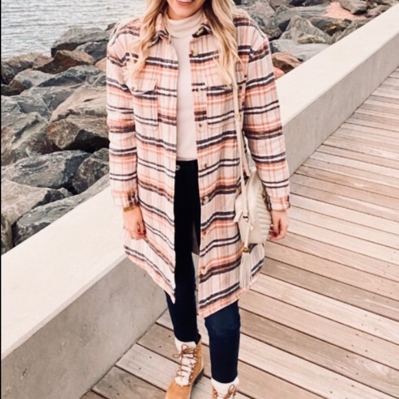 Jackets & Blazers - Cream Plaid Long Pea Coat Quilted Interior